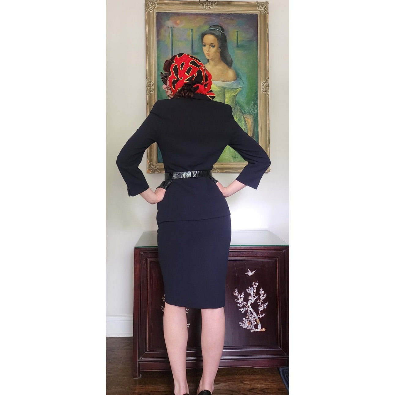 Vintage 90s Armani Skirt Suit Black or Dark Navy Blue Wool / S