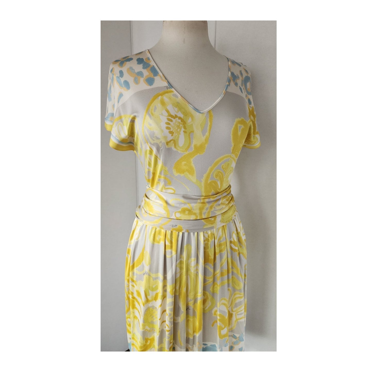 Emilio Pucci  Dress Short Sleeved Silkprint  Yellow Gray NWT