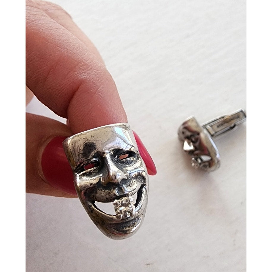 Vintage Sterling Silver Cufflinks w/Diamonds Comedy Tragedy Theater Masks
