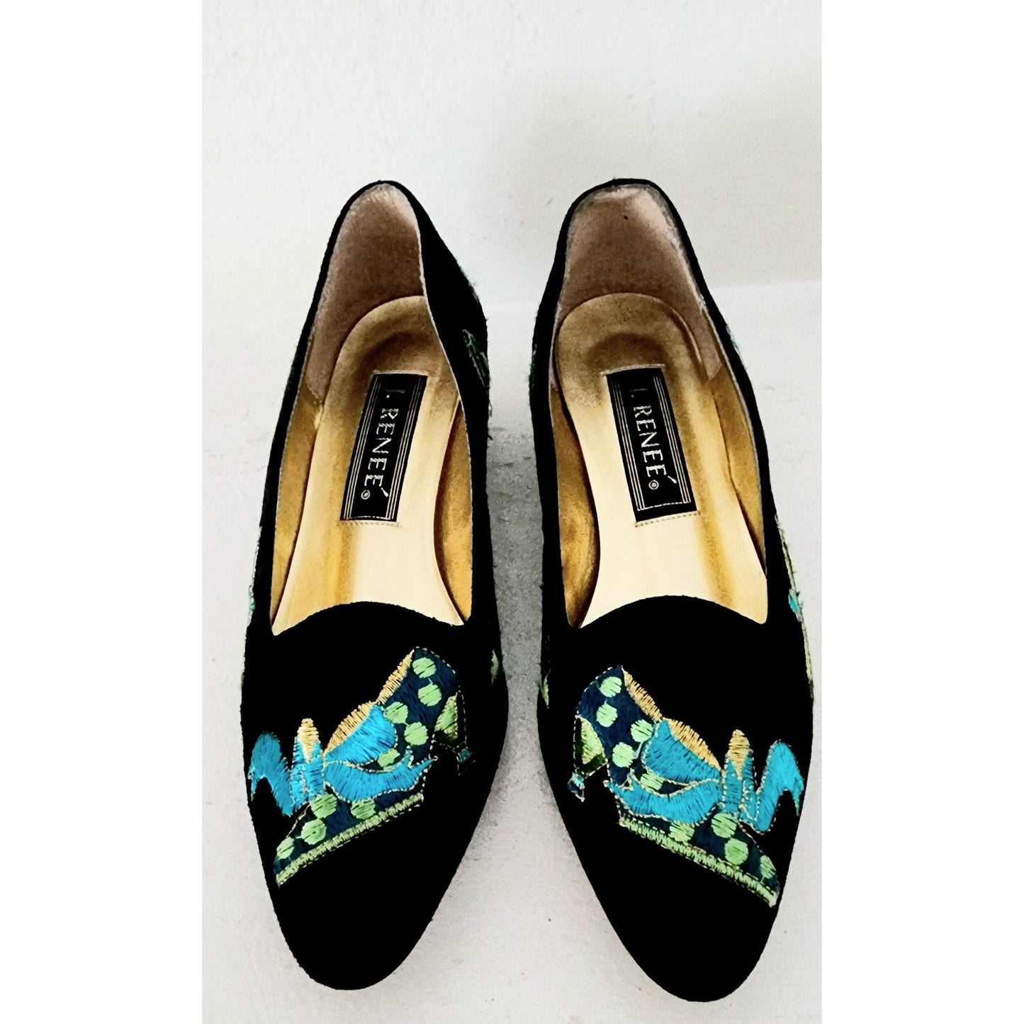 Vintage 90s Black Suede Pumps Green Shoes Embroidery J Renee 7.5
