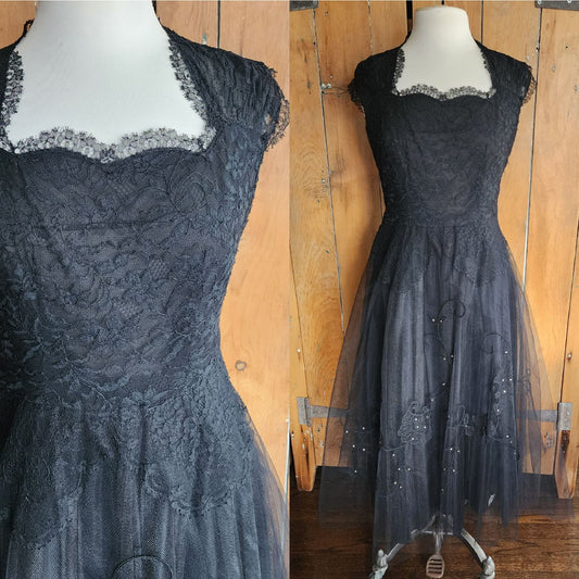 Vintage 50s Black Party Dress Tulle Lace Rhinestones M