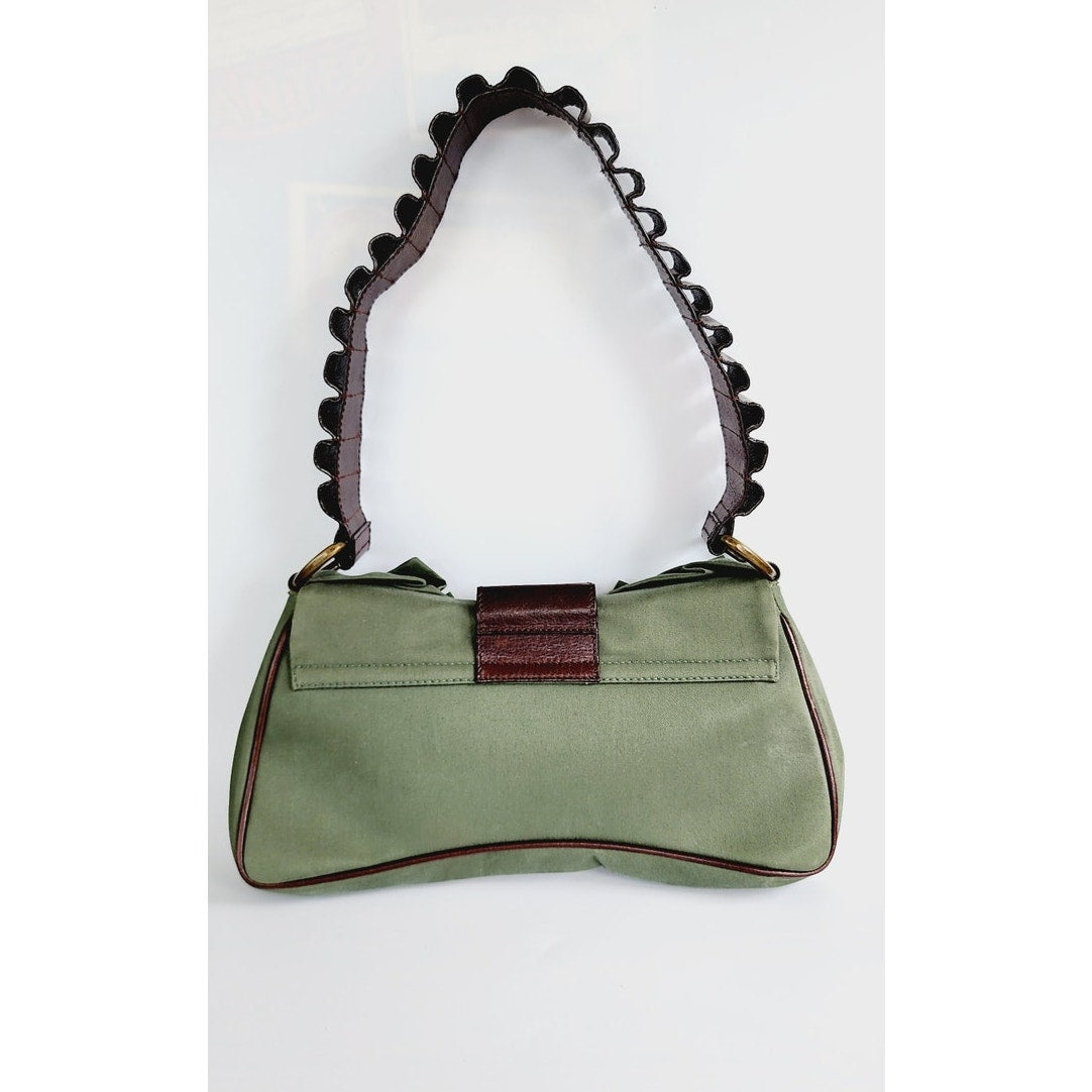 Vintage John Galliano Bag Green Fabric & Brown Leather w/ Bow Design