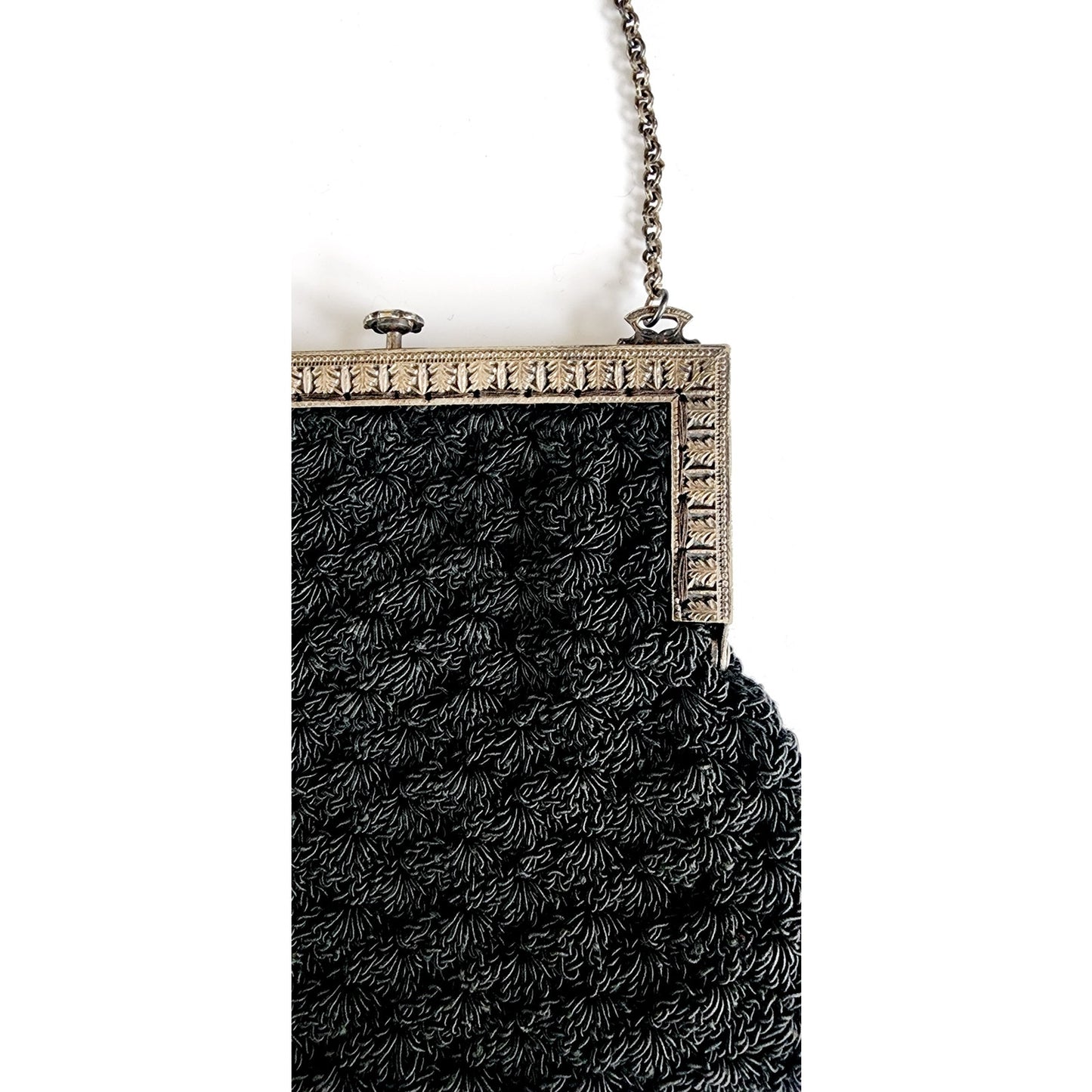 Antique Black Crochet Bag Silver Metal Etched Frame Edwardian 1910s Purse
