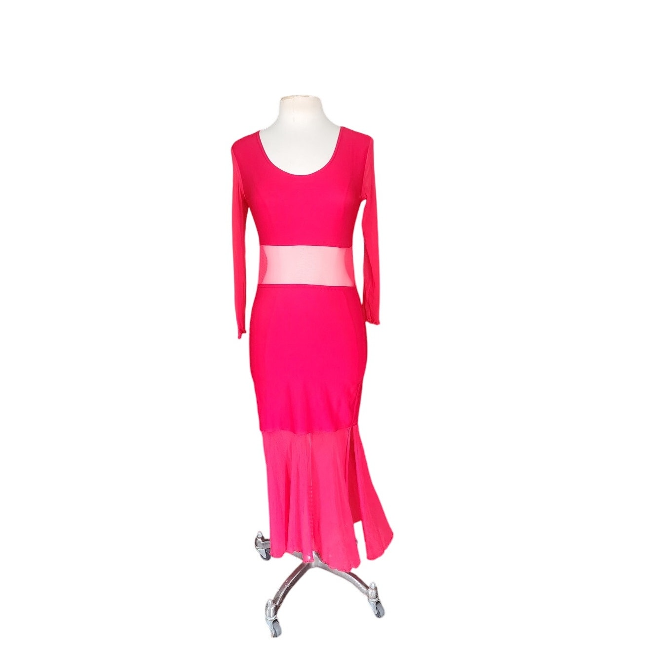 Vintage 90s Red Party Dress Long Bodycon Sheer Panels / Halla / S