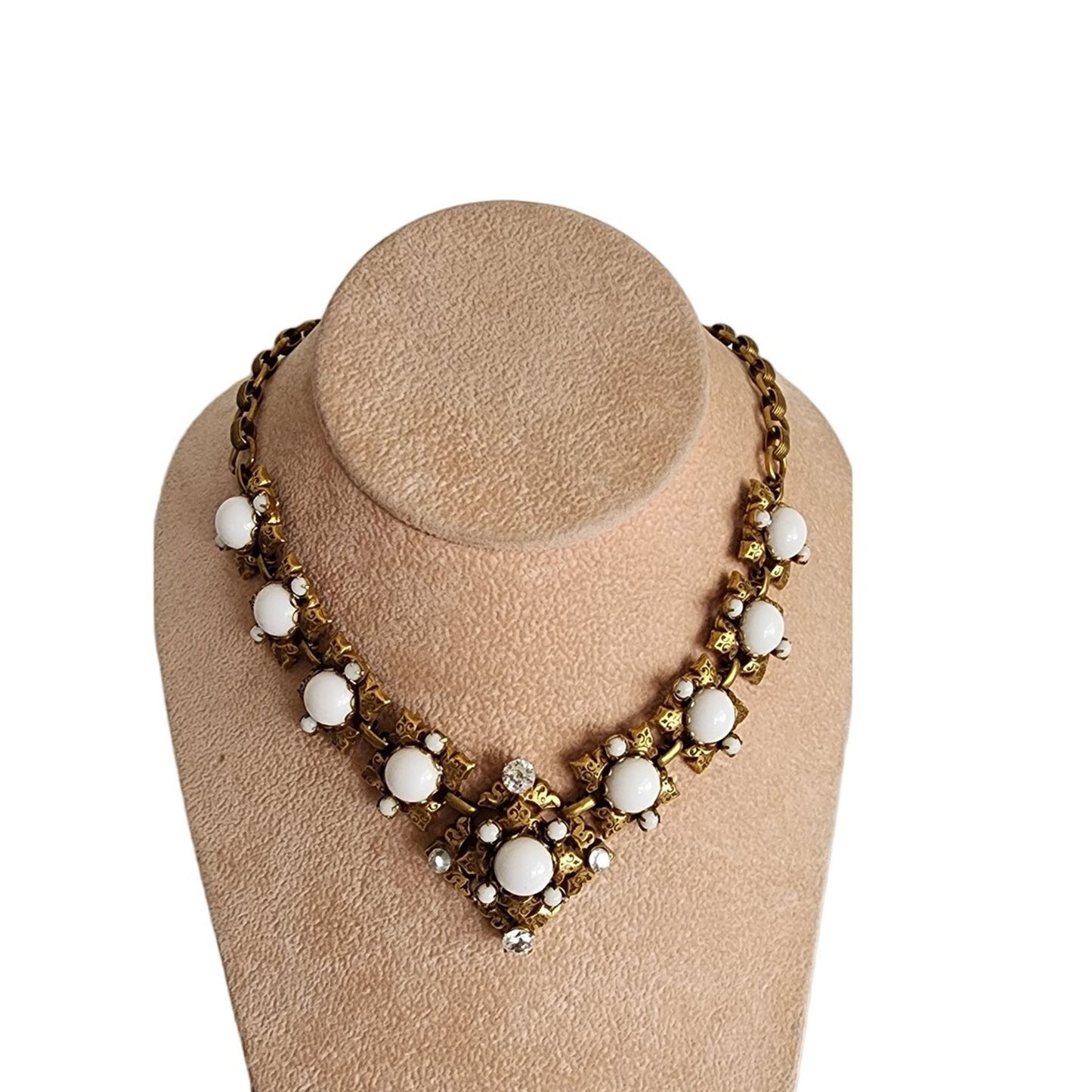 1960s Choker Necklace White Milk Glass & Gold Baroque Style