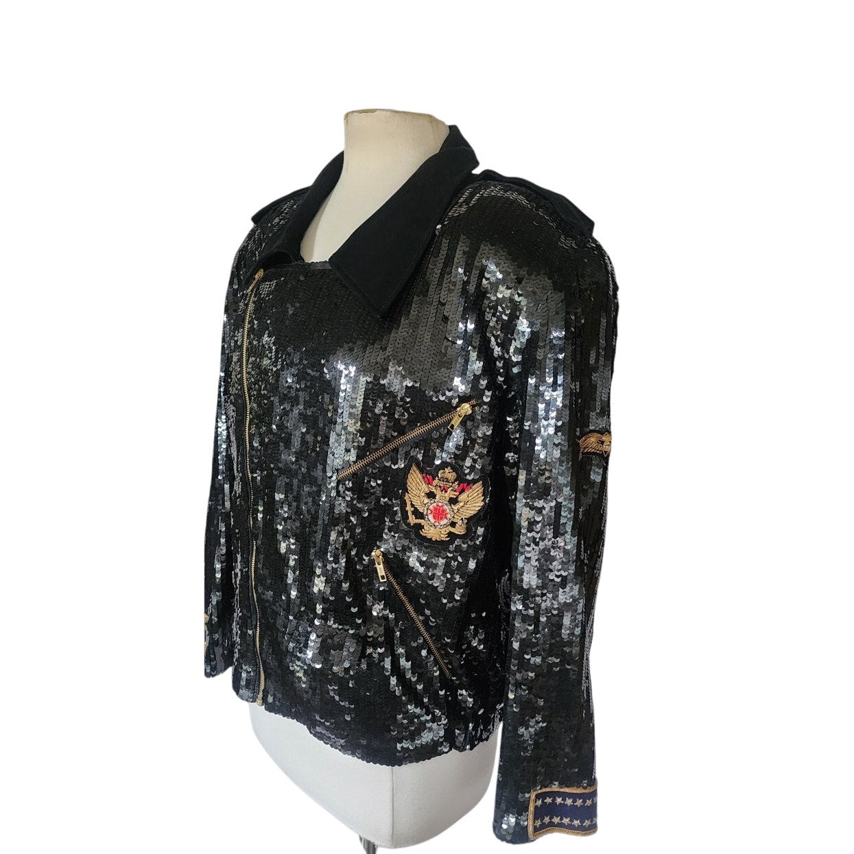 Vintage 80s Bomber Jacket Black Sequins Gold Eagle Motorcycle Patches Neiman Marcus / L