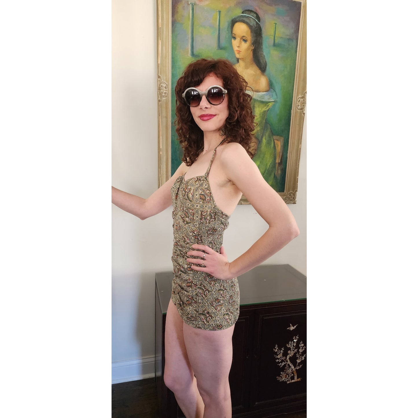 Vintage 50s Jantzen Swimsuit Cotton Print Maillot One Piece / S