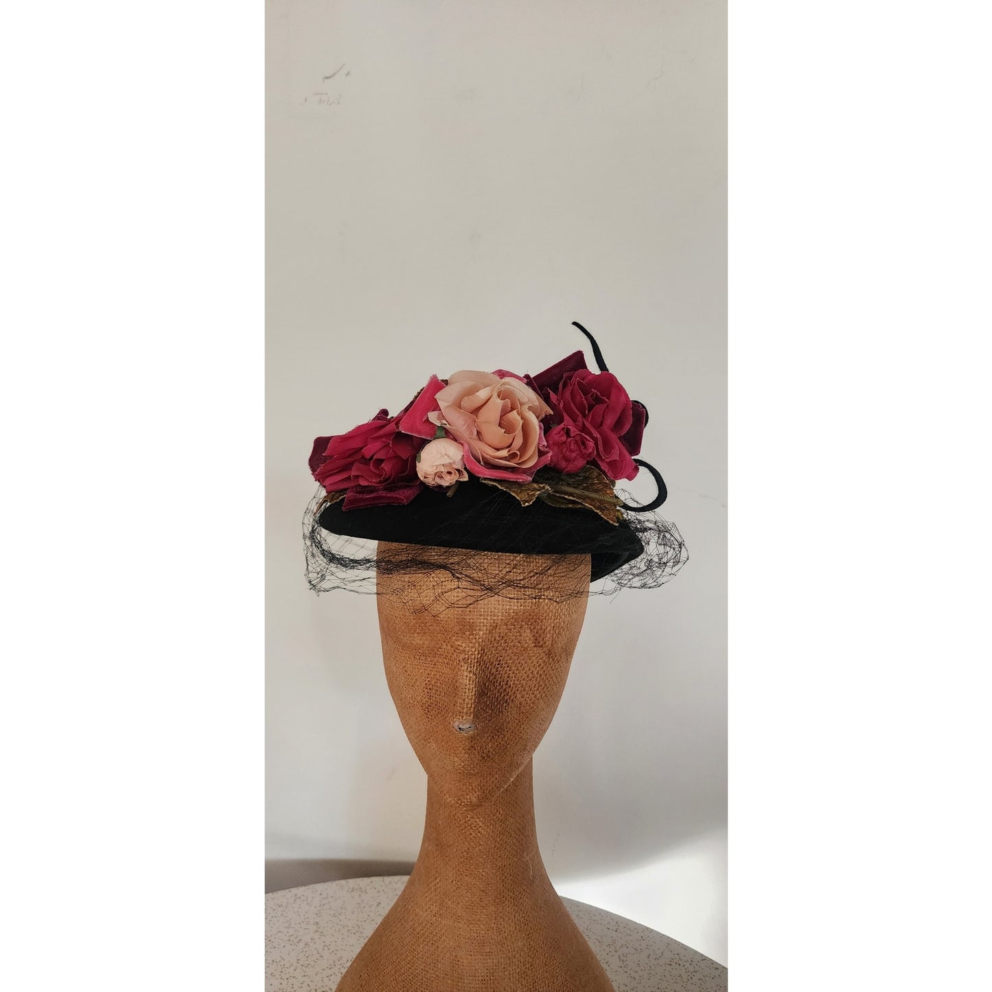 Vintage 1940s Flower Hat Black Wool Silk Floral Marshall Fields New York Creations