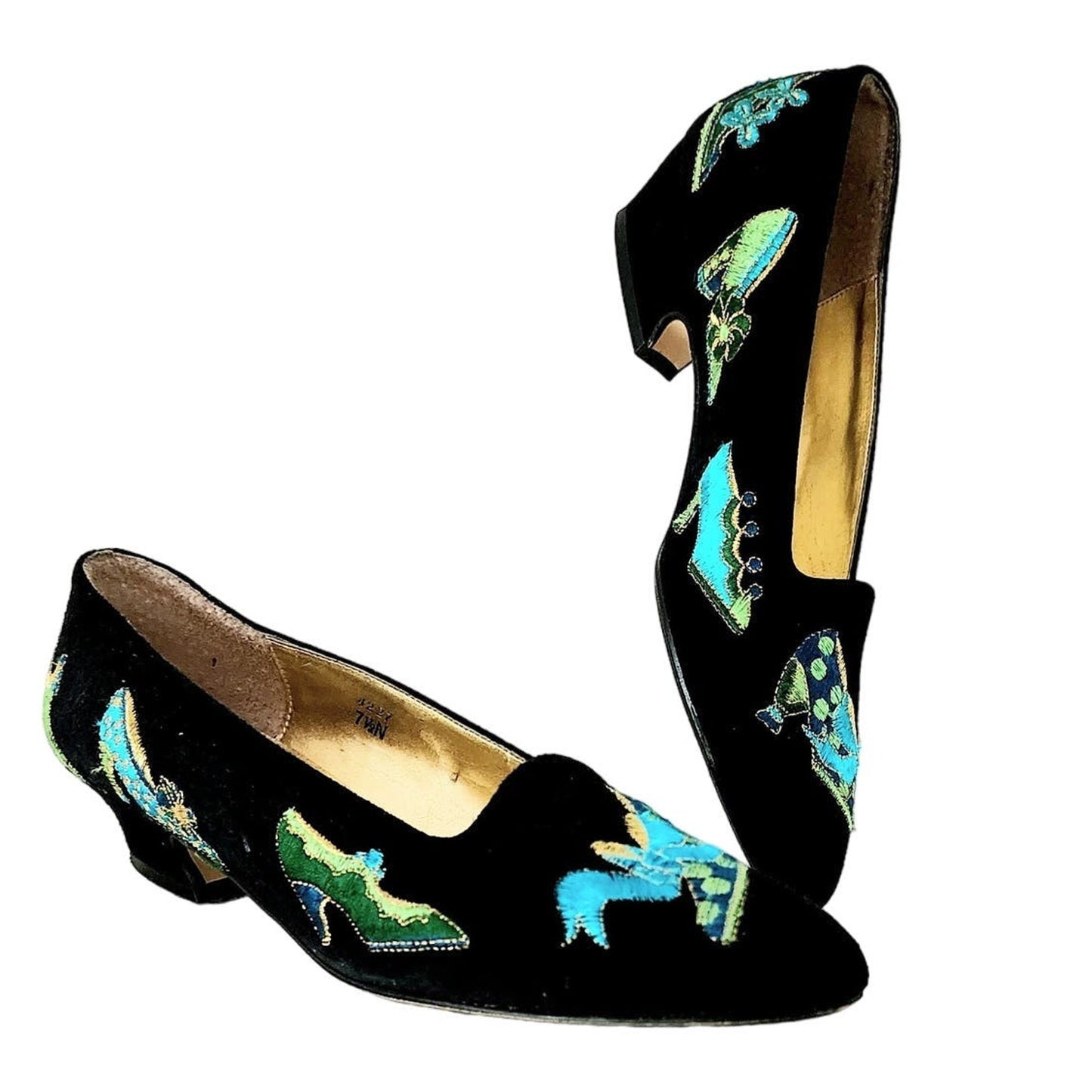 Vintage 90s Black Suede Pumps Green Shoes Embroidery J Renee 7.5