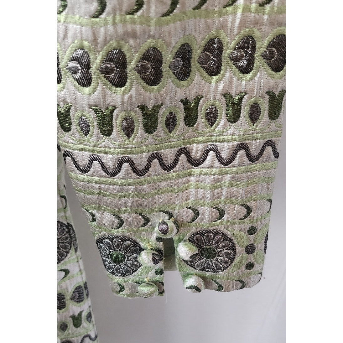 Vintage 60s Brocade Dress Silver Green Metallic Psychedelic Print