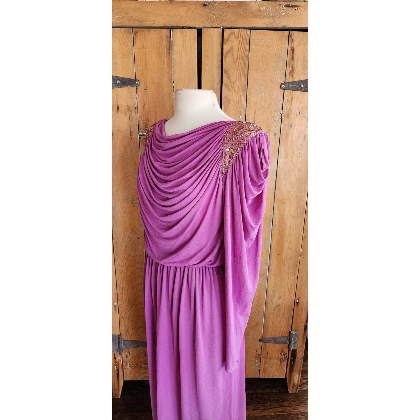Vintage 80s Purple Evening Dress Grecian Drape Torso Beaded Shoulders Jonathan Hitchcock