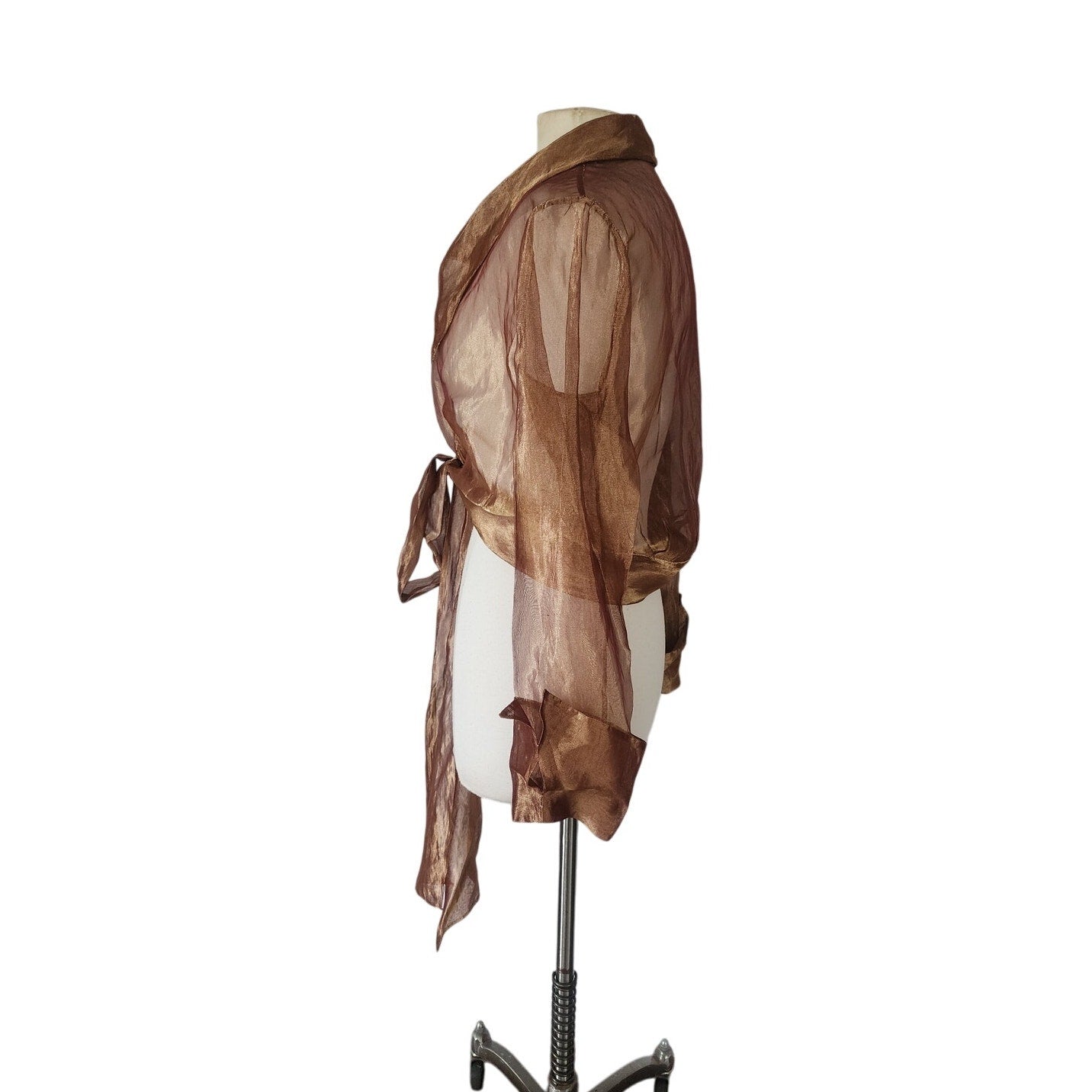 Vintage 90s Sheer Organza Blouse Jacket Copper Brown Sash Tie Belt