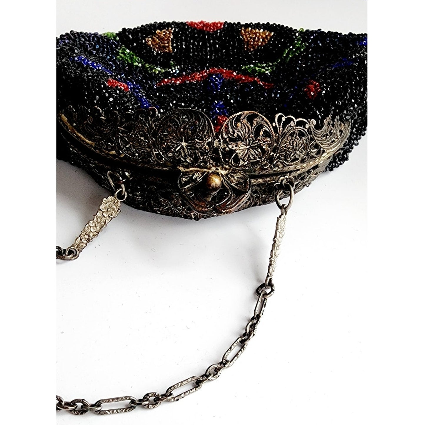 Antique Black Beaded Bag Colorful Flowers Ornate Metal Clasp AS IS