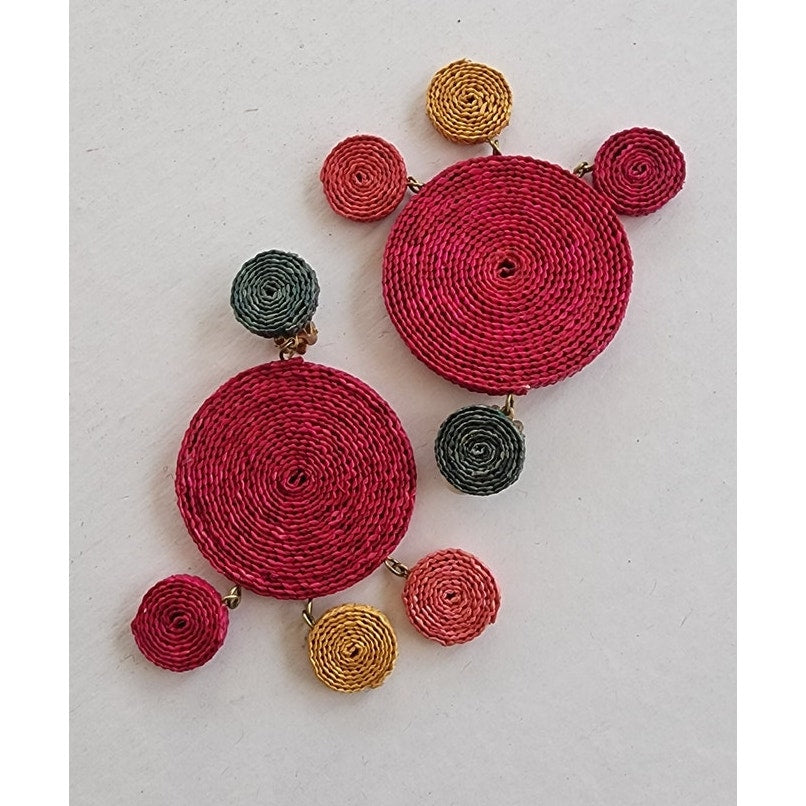 Vintage 80s Dangly Earrings Raffia Weave Colorful Clip-Ons