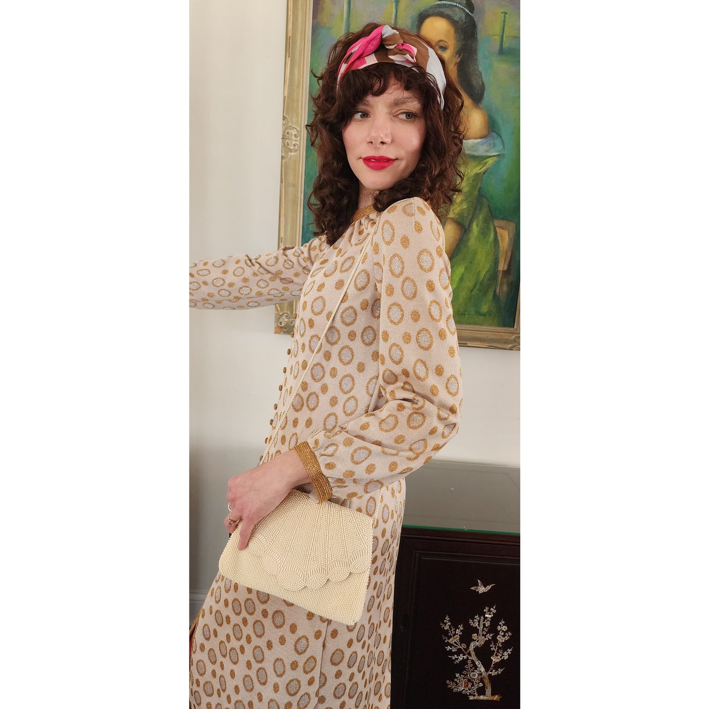 Vintage 60s Metallic Print Dress Beige Gold Tannel Knits / M