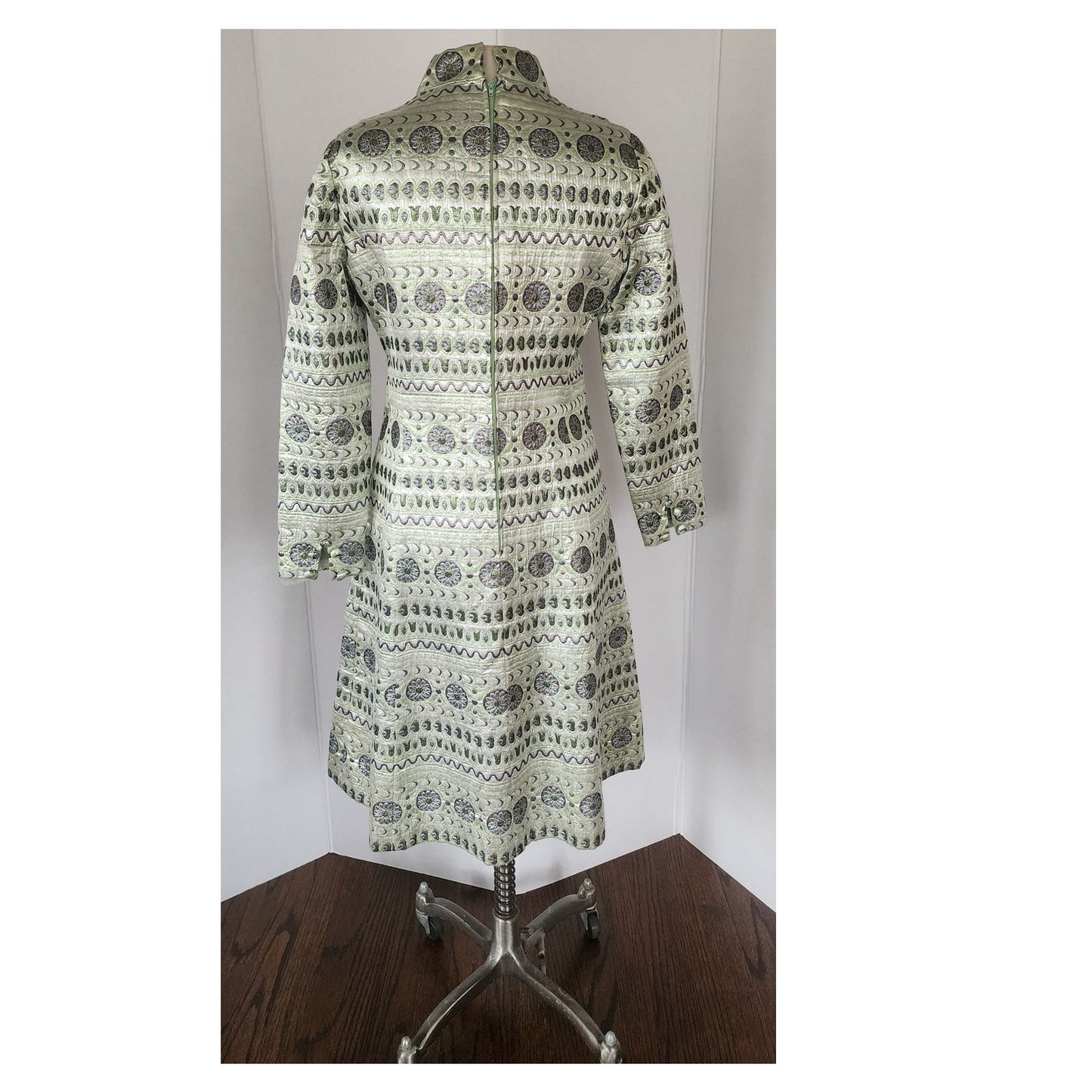Vintage 60s Brocade Dress Silver Green Metallic Psychedelic Print