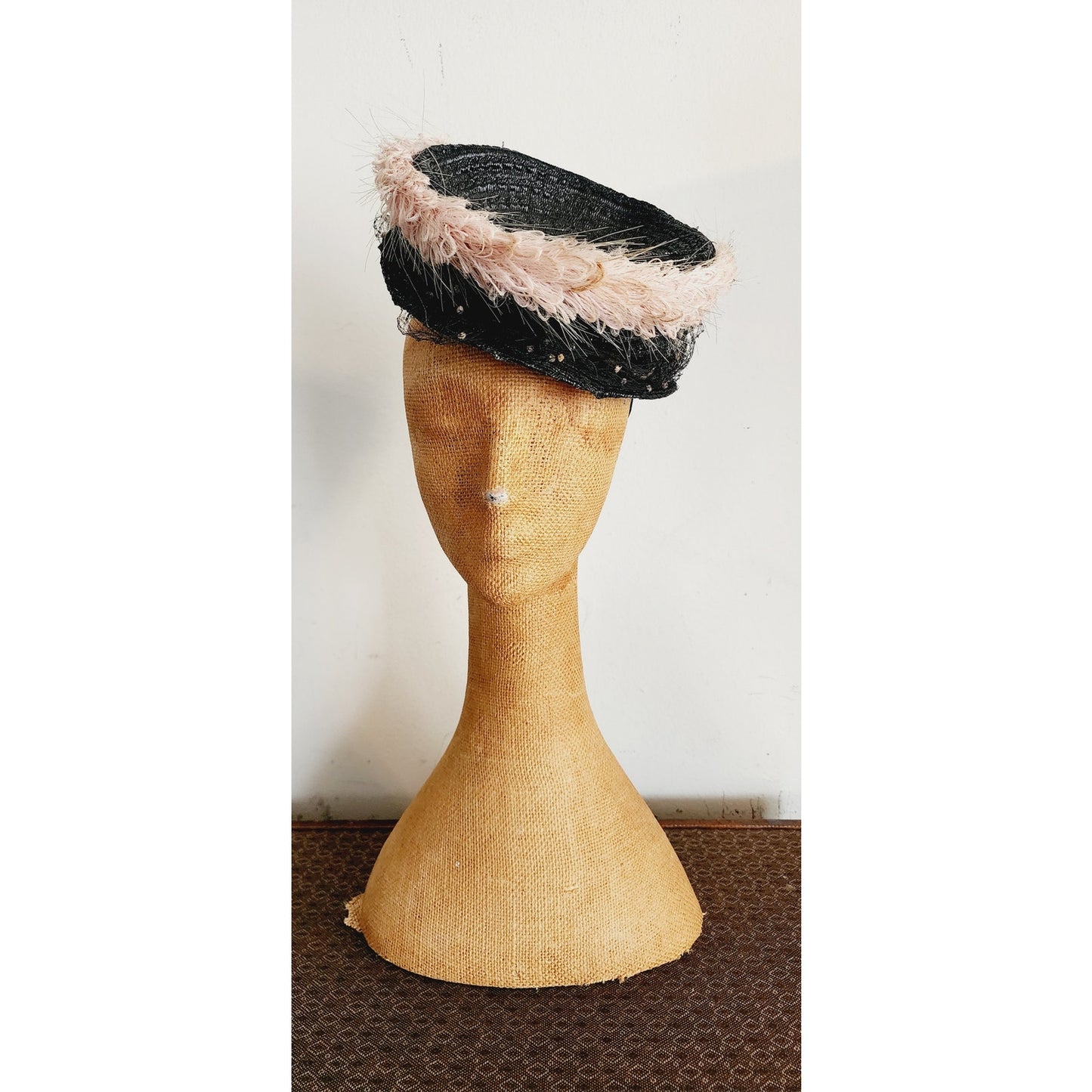 Vintage 1940s Tilt Top Boater Hat Black Straw & Pink Trim