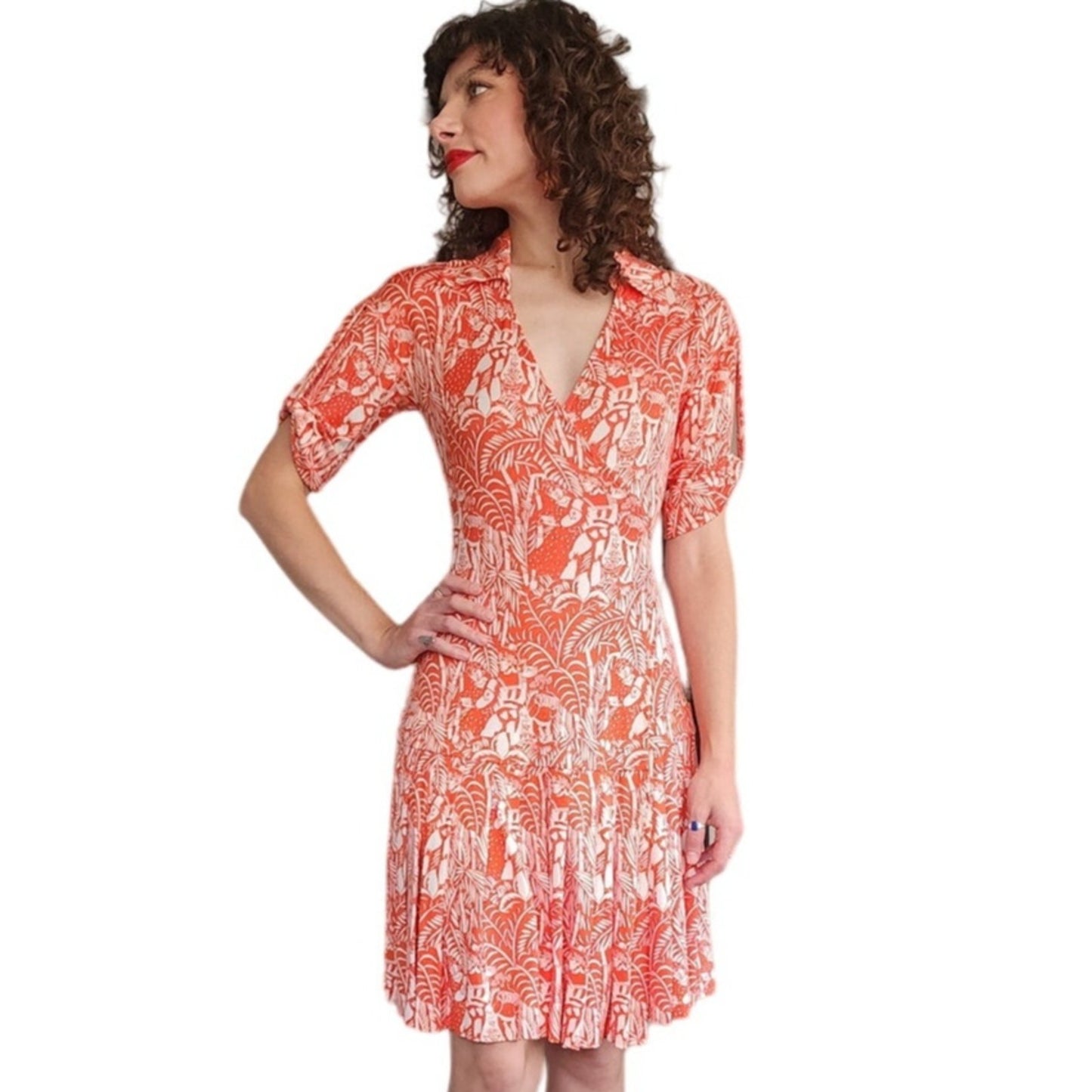 Vintage Y2K Diane von Furstenberg Wrap Dress Orange White Jungle Print