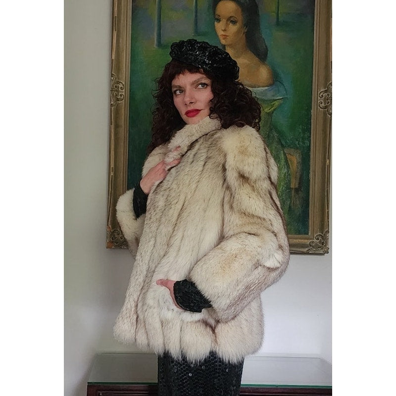 Vintage 70s Silver Fox Fur Jacket Large Collar