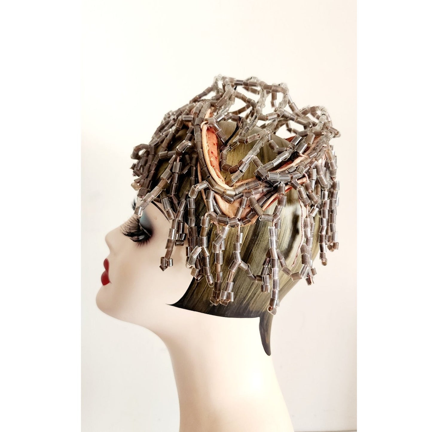 Antique Beaded Headdress Hat Gray Beads One of a Kind Medusa Flapper