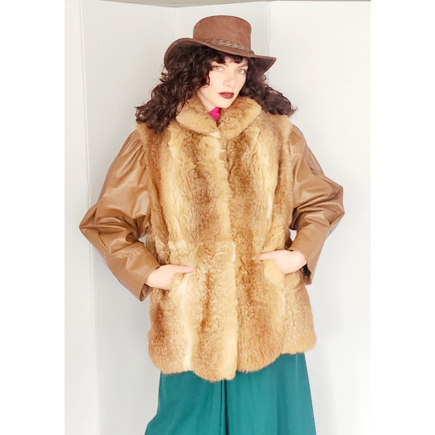1970s Brown Leather Jacket w/Possum Fur Boho / Large