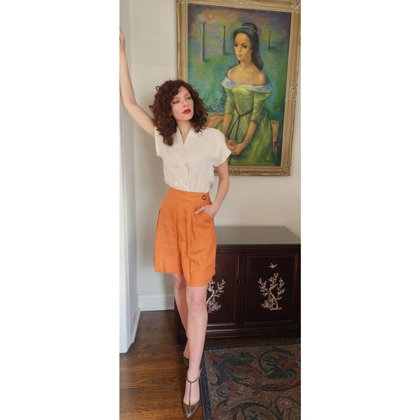 Vintage 80s Orange Linen Dress Shorts Pleated Front by Perlie / M