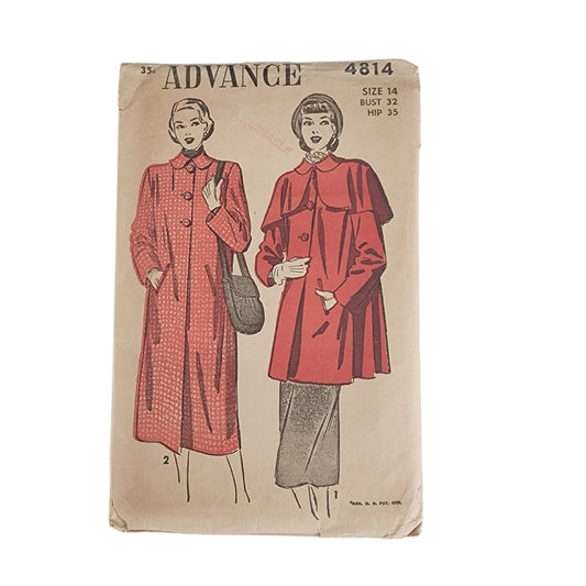 Vintage 1940s Sewing Pattern ORIGINAL:  Swing Coat & Jacket Peter Pan Collar Advance 4814 Bust 32