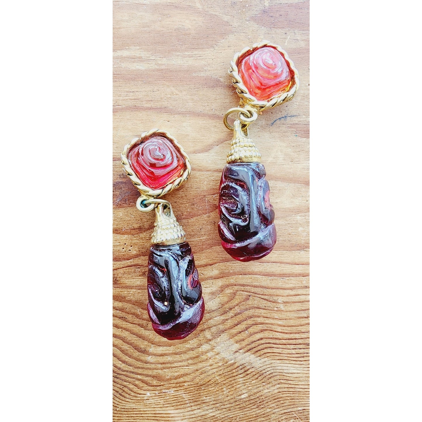 Vintage 80s Dangle Earrings Carved Red Glass Beads & Braided Gold