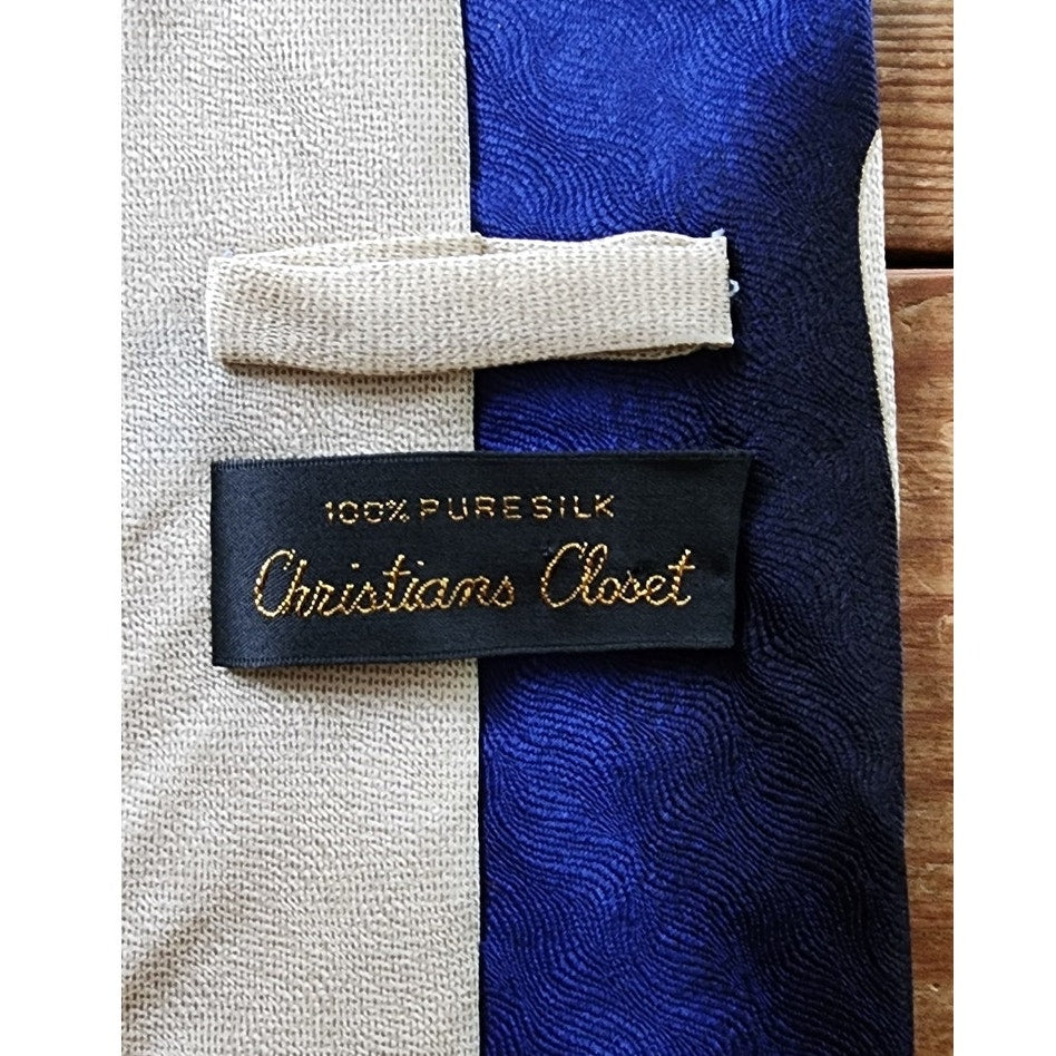 Vintage Mens Wide Tie Christians Closet Jesus Fish Blue Beige Print 40s Style