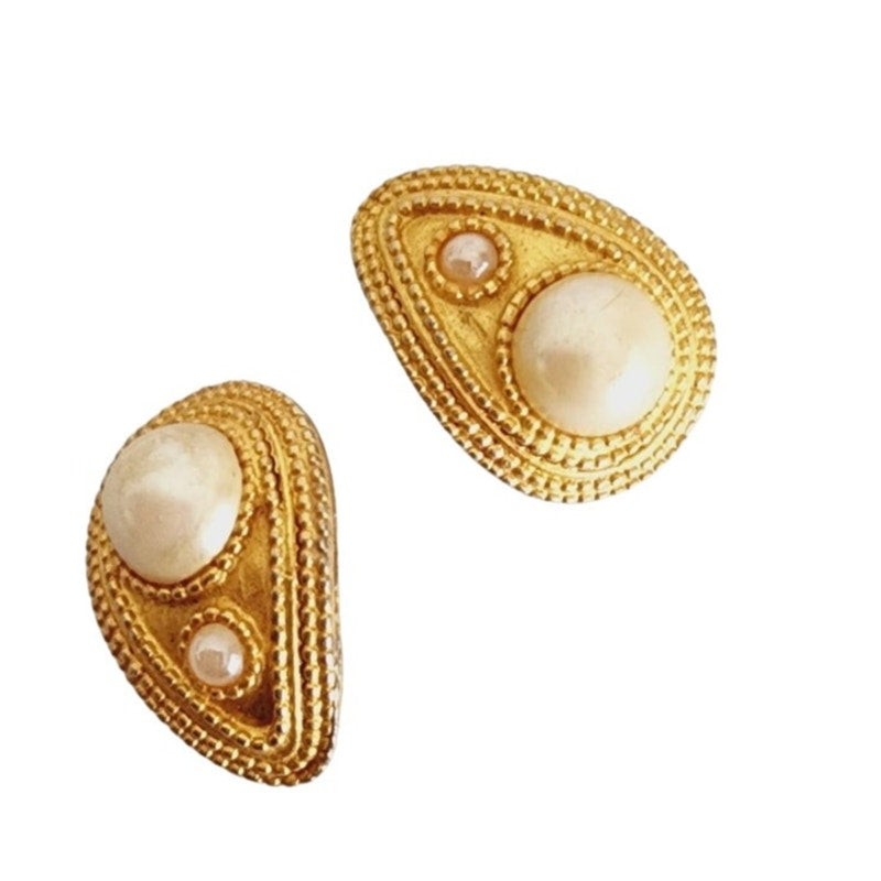 Vintage 80s Oscar de la Renta Earrings Clips Gold & Pearl