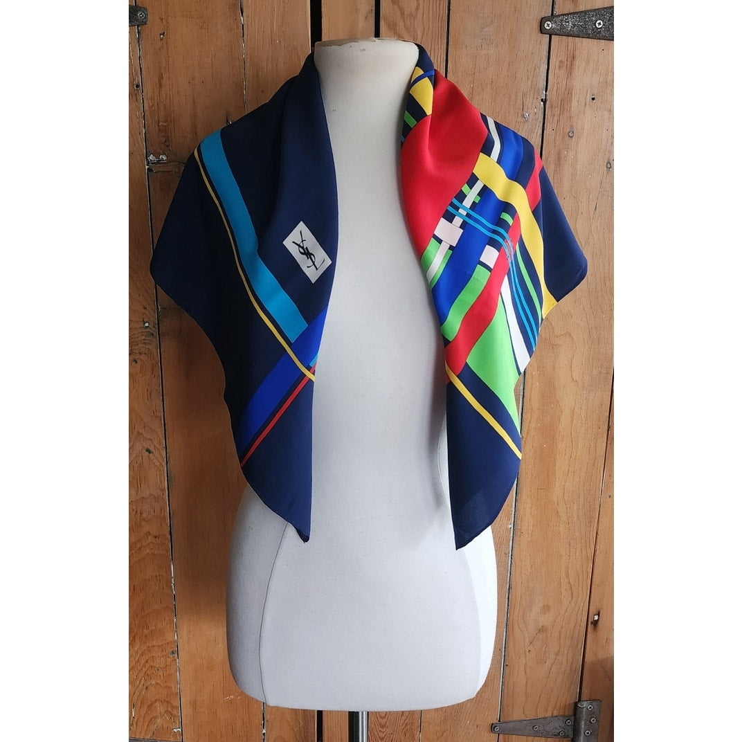 Vintage 70s 80s YSL Silk Scarf Large Square Foulard Yves Saint Laurent Geometric Print