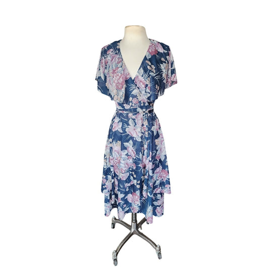 Vintage 70s Wrap Dress Blue Floral Print