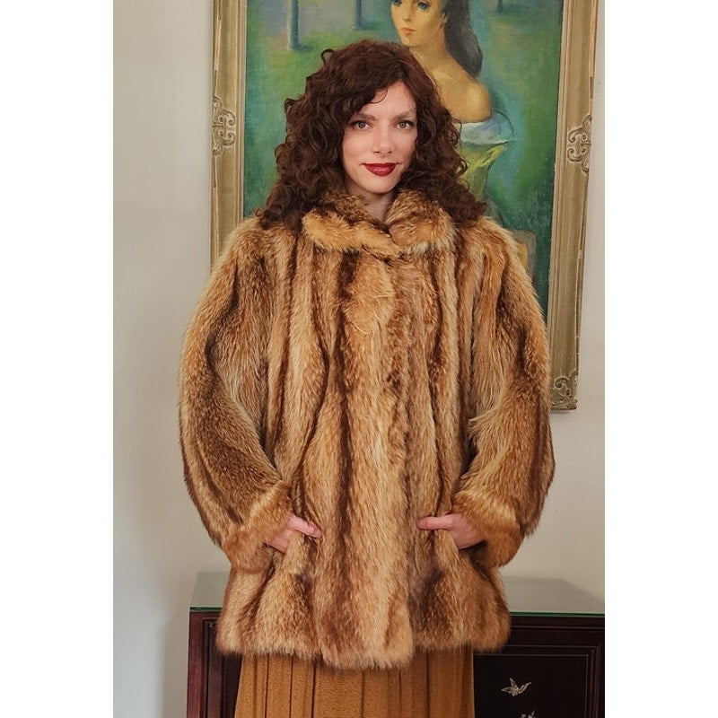 Vintage 70s Fox Fur Coat Hip Length Stripe Pattern / L