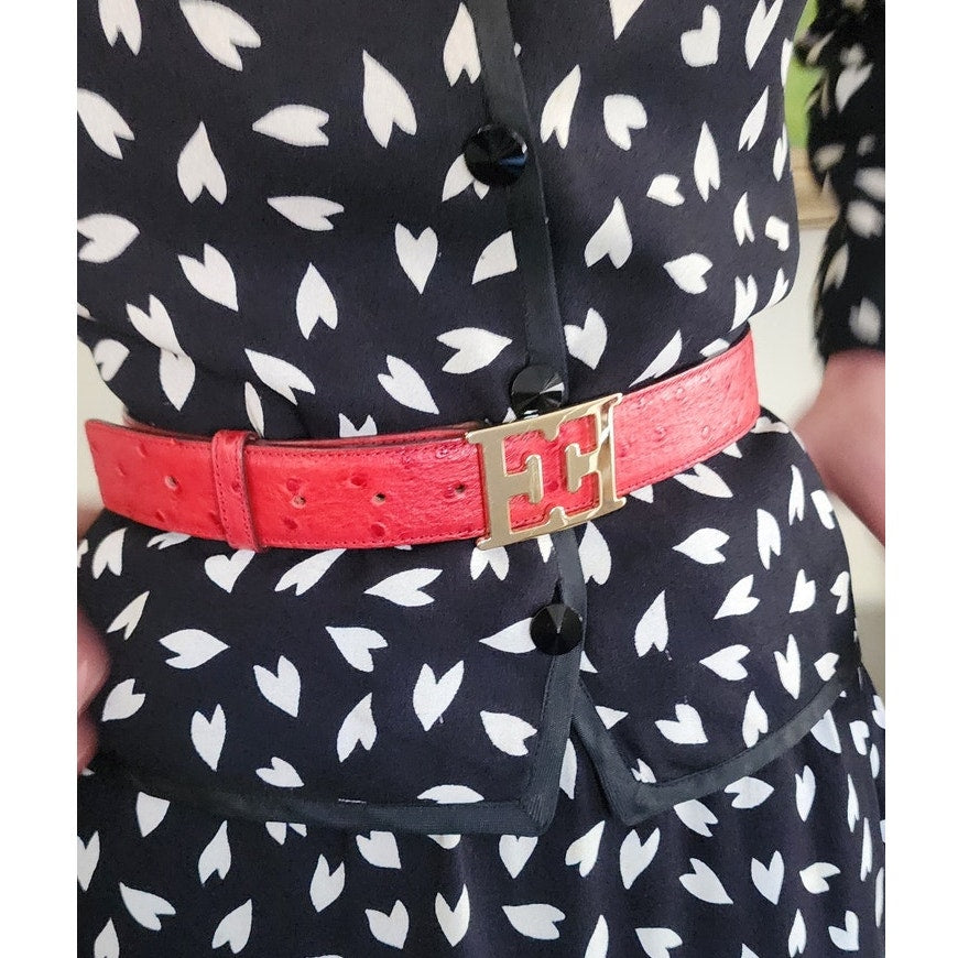 Vintage Escada Belt Red Ostrich Leather Gold E Letter Buckle