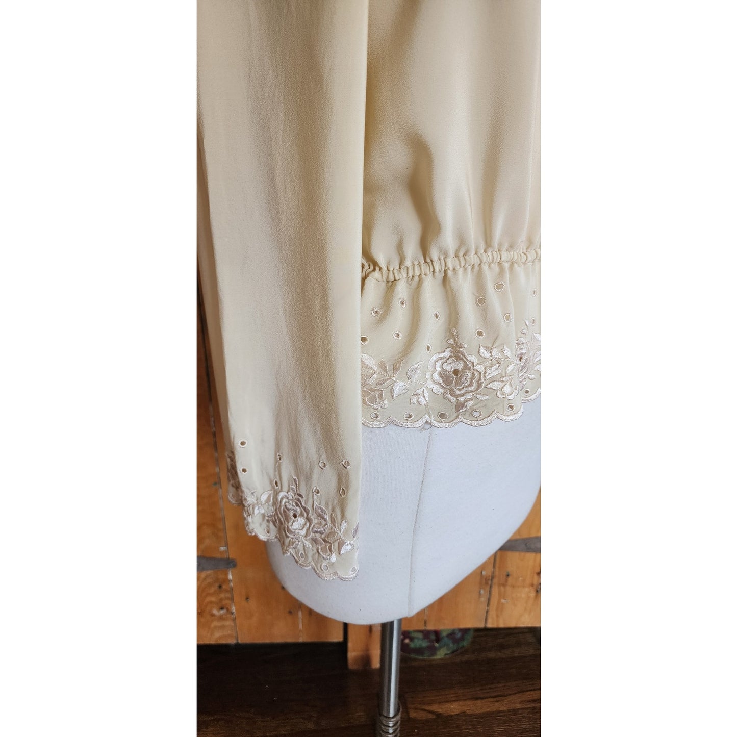 Vintage 70s Cream Silk Blouse Embroidered Eyelet Lace