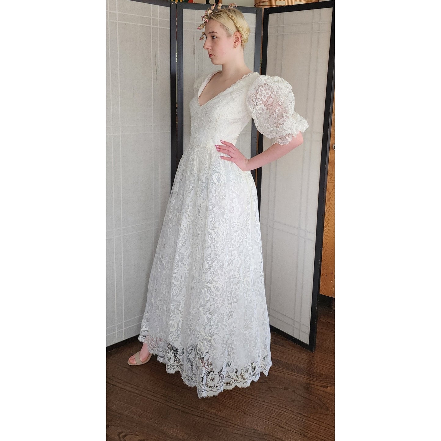 Vintage 80s White Lace Wedding Dress Statement Sleeves