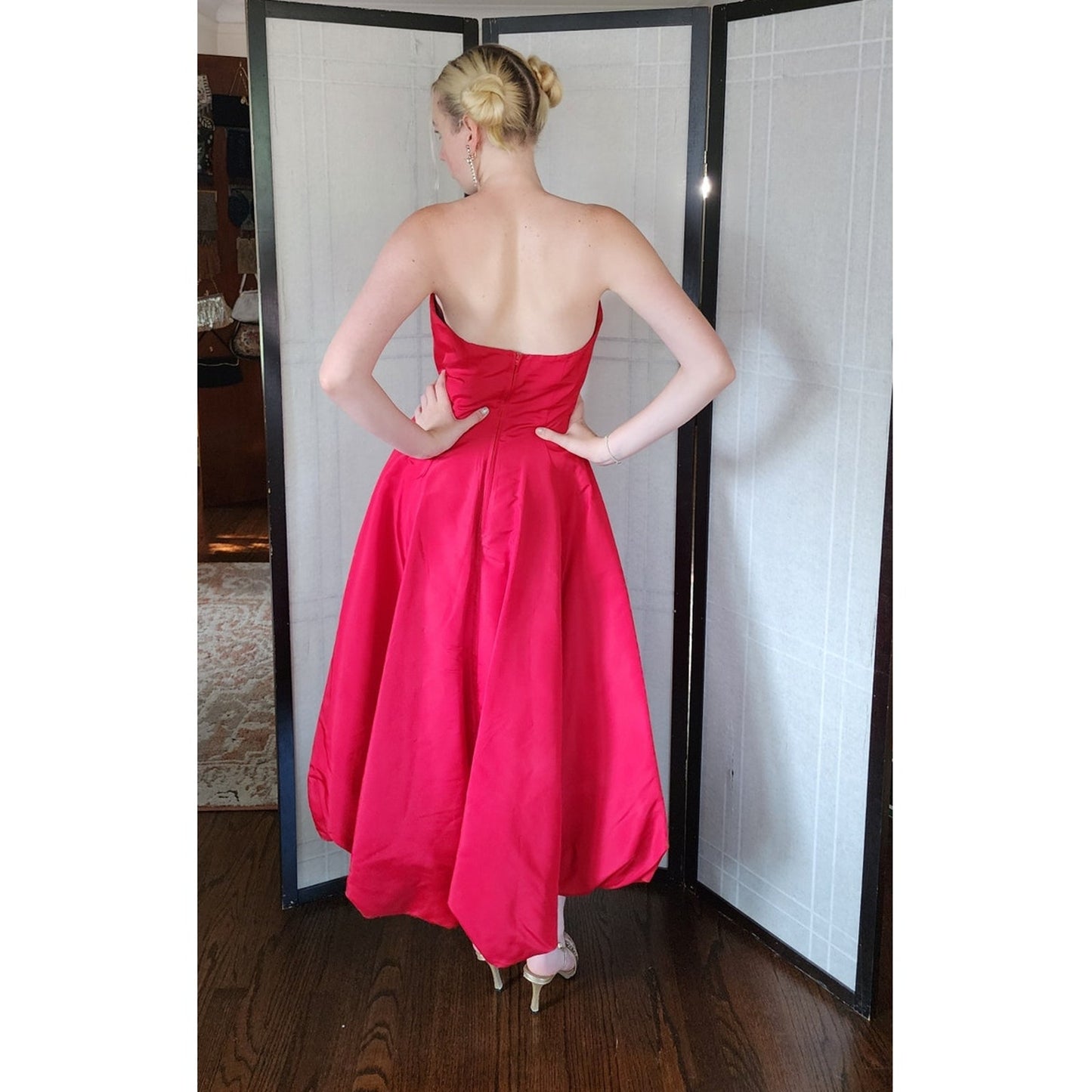 Vintage 80s Red Party Dress Strapless w/ Bubble Skirt & Bow by Climax