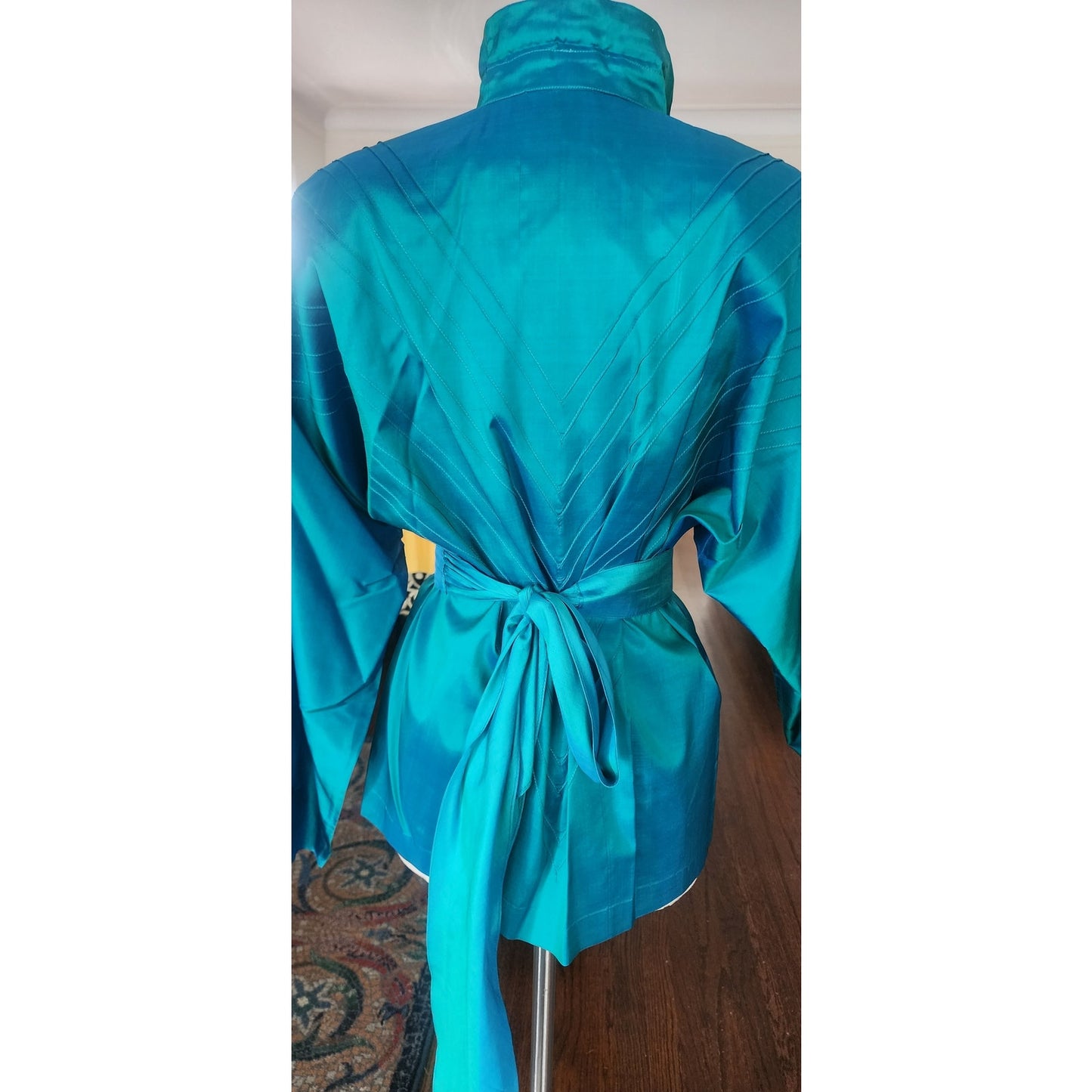 Vintage 80s Silk Blouse Electric Blue w/Pleats and Belt/Pussycat Bow / M