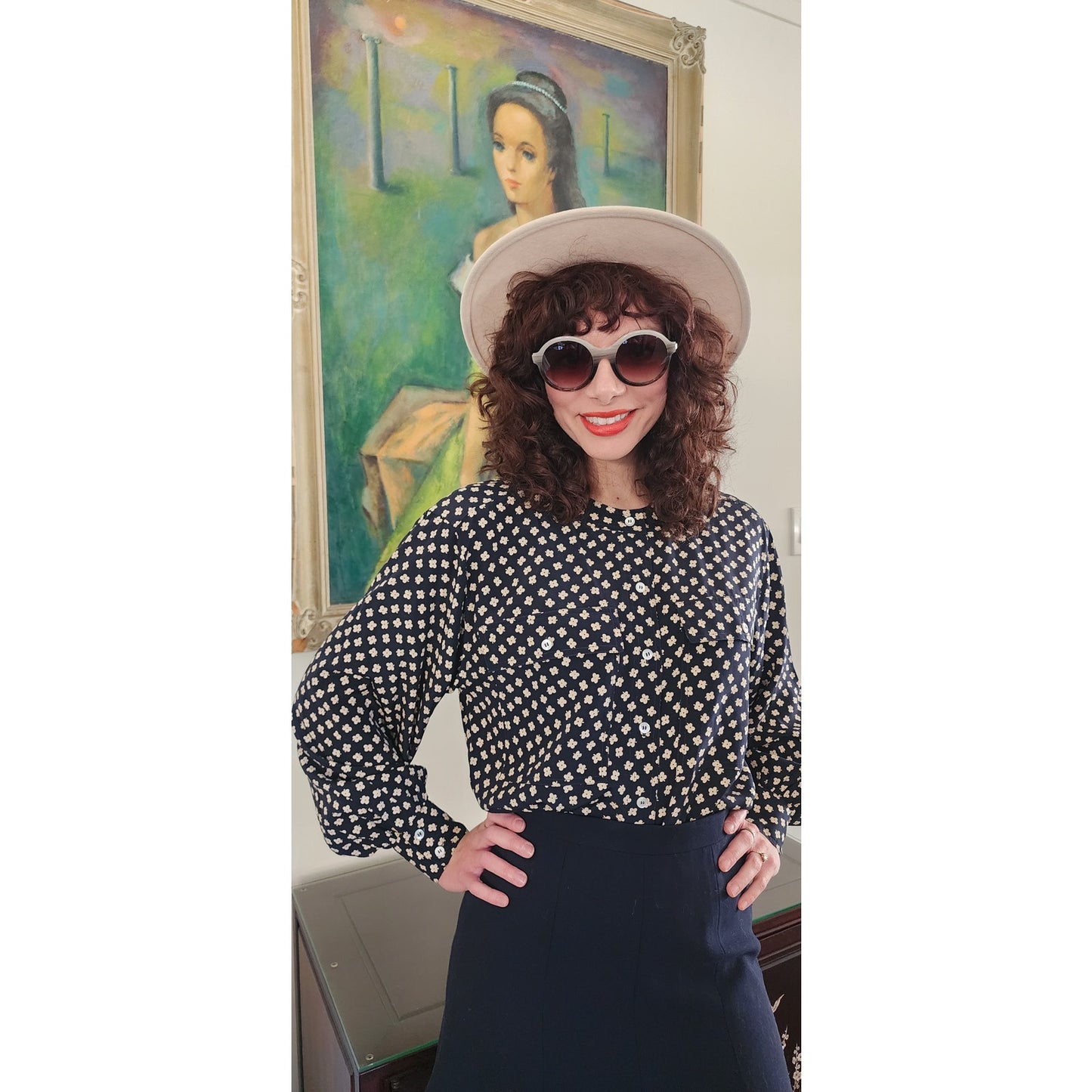 Vintage 80s Escada Blouse Navy Blue White Silkprint Shirt