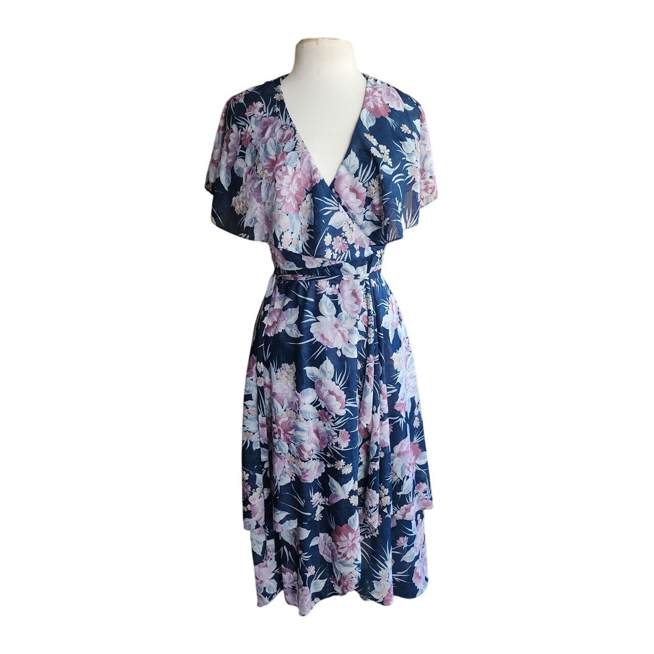 Vintage 70s Wrap Dress Blue Floral Print