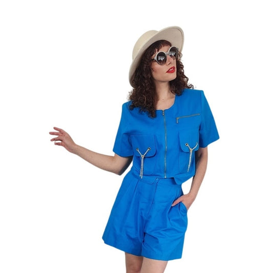 Vintage 90s Blue Jacket + Shorts Set w/Gold Chain Tassels by Oscar & Me Medium