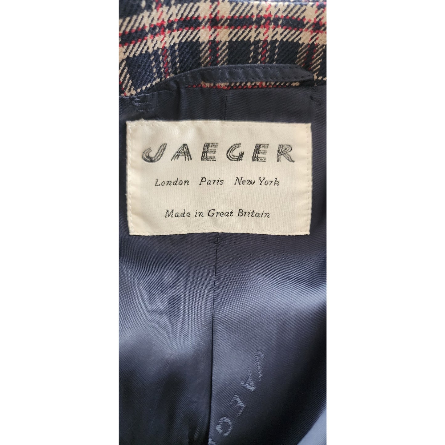 Vintage 80s Jaeger Blazer Navy Blue Brown Plaid Wool Blend