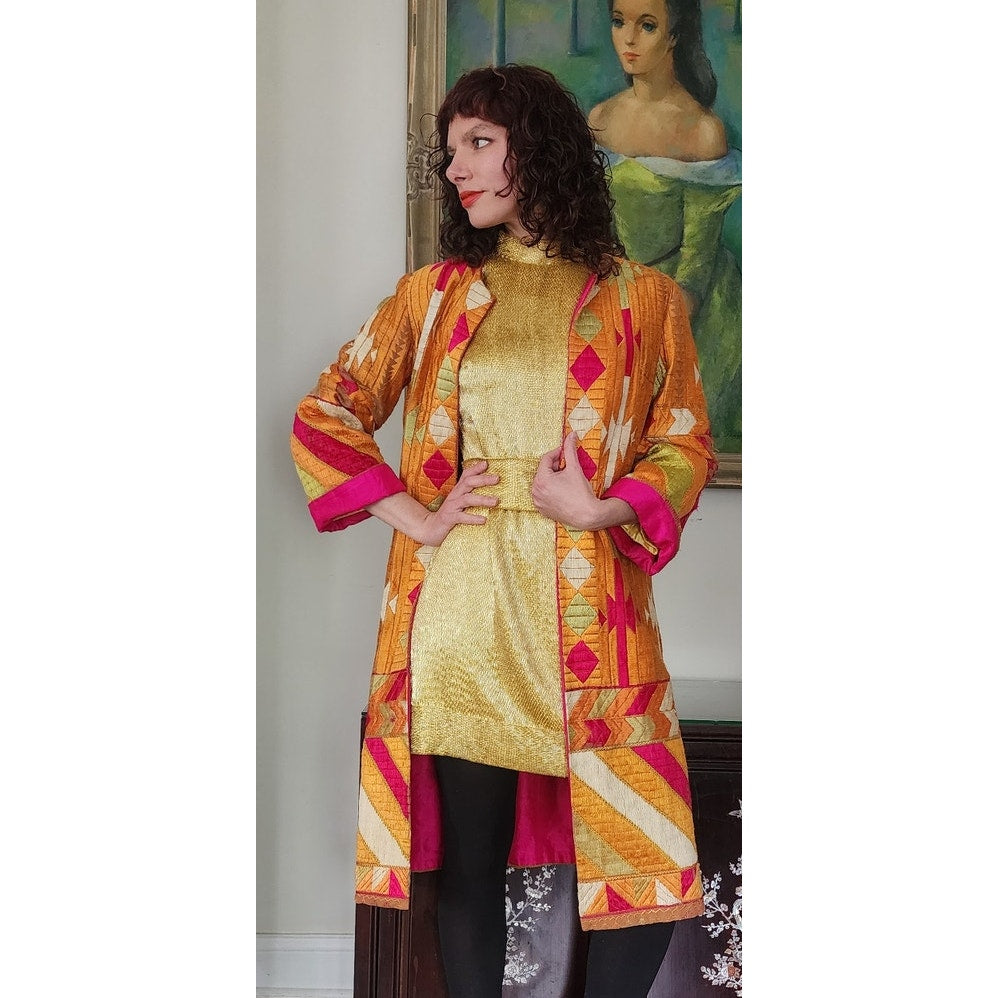 Antique Silk Patchwork Coat Artistinal Boho Gold Fuschia Folk Geometric
