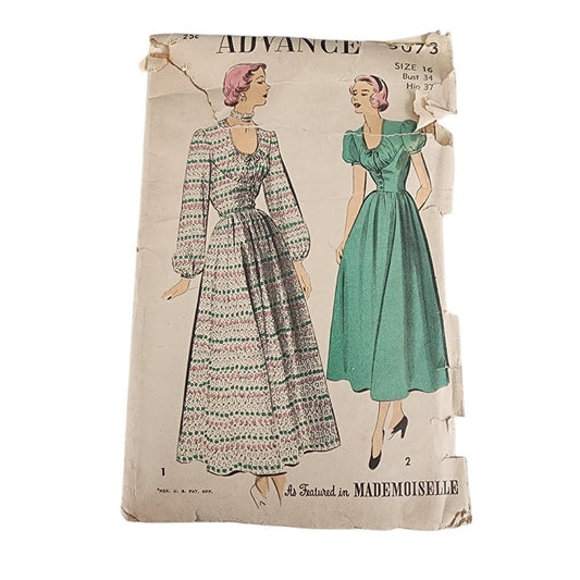 Vintage 40s Sewing Pattern Dress w/Full Skirt Advance 5073