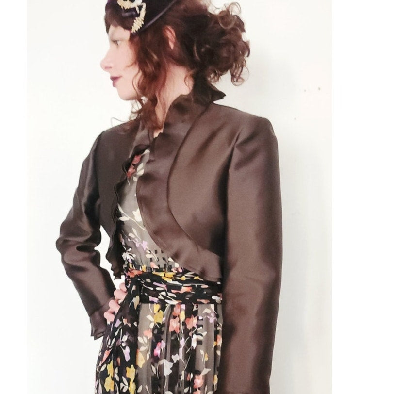 Vintage Brown Jacket Ruffled Trim Wool Silk Frascara M