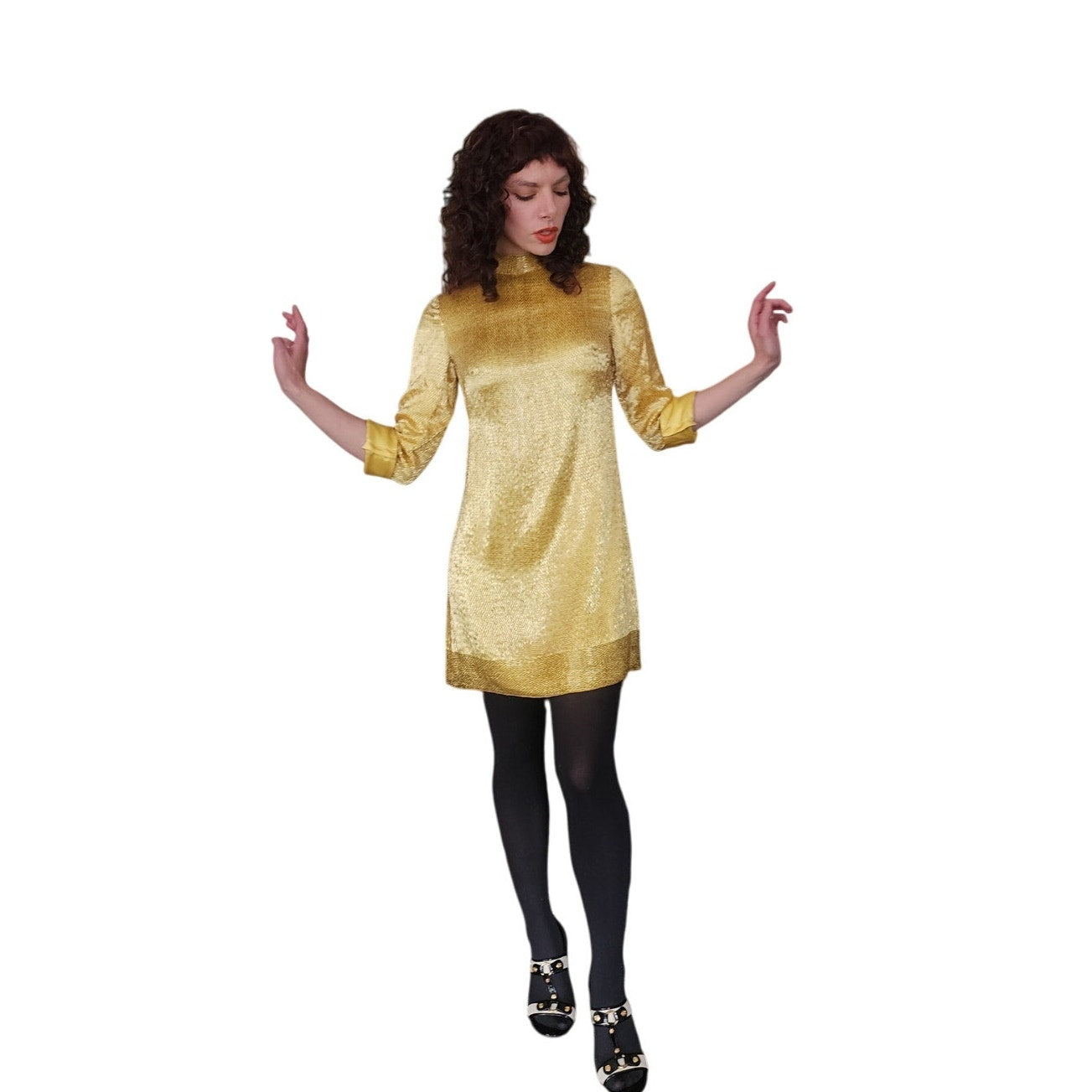 Vintage 60s Gold Mini Dress w/Belt Doreen Lok / S