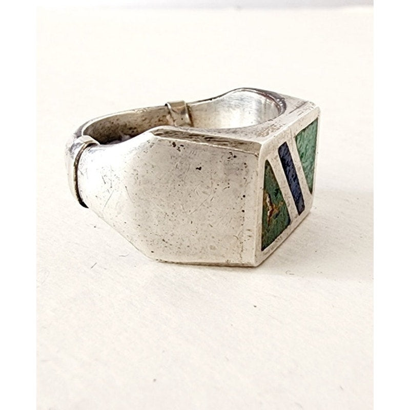 Vintage Mens Ring Inlaid Turquoise Lapis Lazuli Stamped SMM 925 Mexico Size 10.25