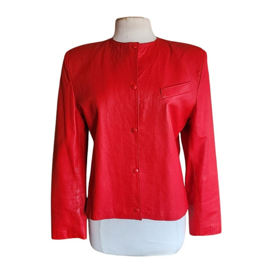 Vintage 80s Red Leather Jacket Snap Front Closure / S