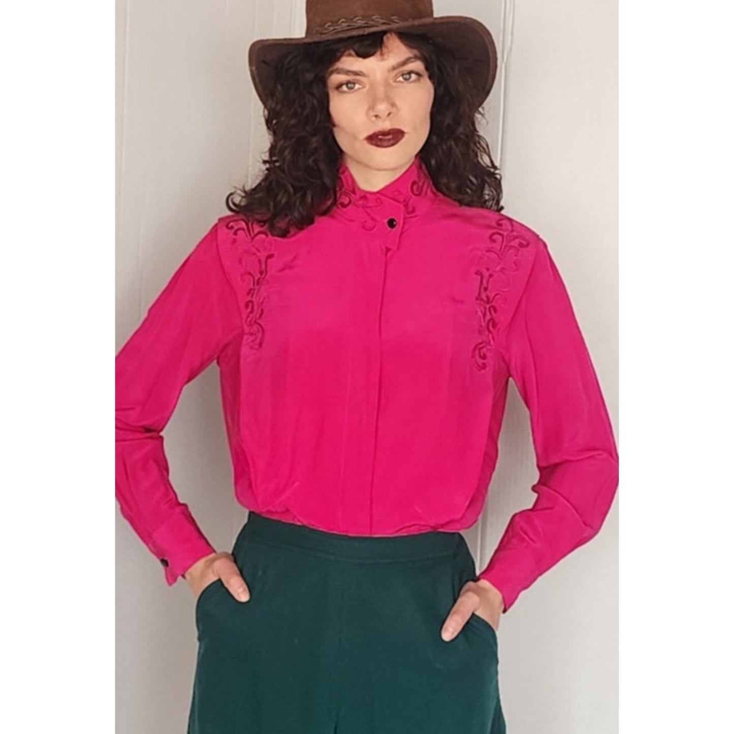 Vintage 80s Fuschia Pink Silk Blouse w/Embroidery Paul Alexander