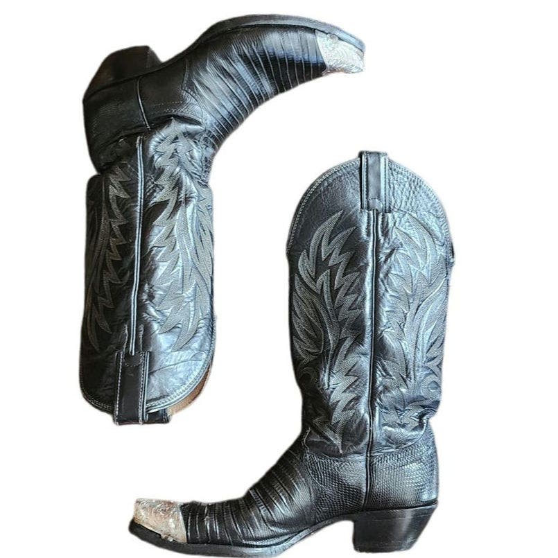 Vintage Ladies Cowboy Boots Tacco Black Tooled Leather Silver Etched Toes Snakeskin